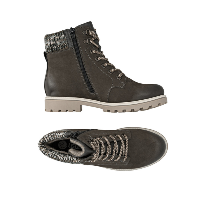 Pair of Grey lace up winter combat boot with side zipper, brown knit cuff and tan rugged outsole.