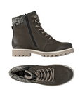 Pair of Grey lace up winter combat boot with side zipper, brown knit cuff and tan rugged outsole.