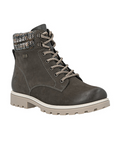 Grey lace up winter combat boot with brown knit cuff and tan rugged outsole.