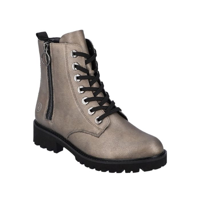 Gold l leather combat style boots with black laces, black lugged outsole and black outside zipper.