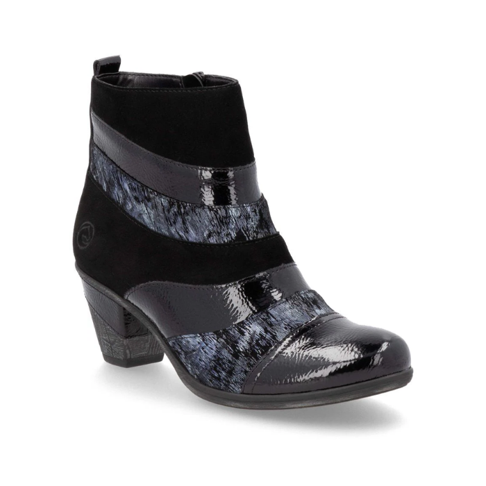 Women's Remonte D8798 heeled ankle boot in black with mixed leather textures and faux fur lining, ideal for stylish fall outfits.