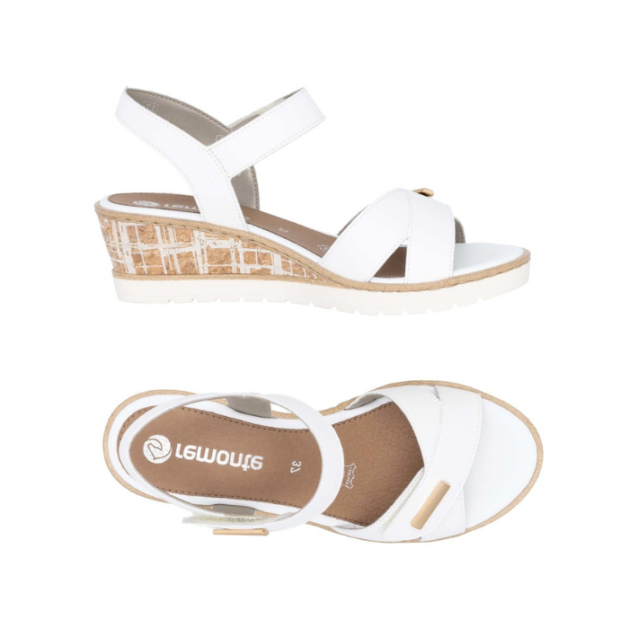 Pair of White backstrap sandals with gold bar details, tan Remonte logo'd footbed, white scratched faux cork midsole and white outsole.