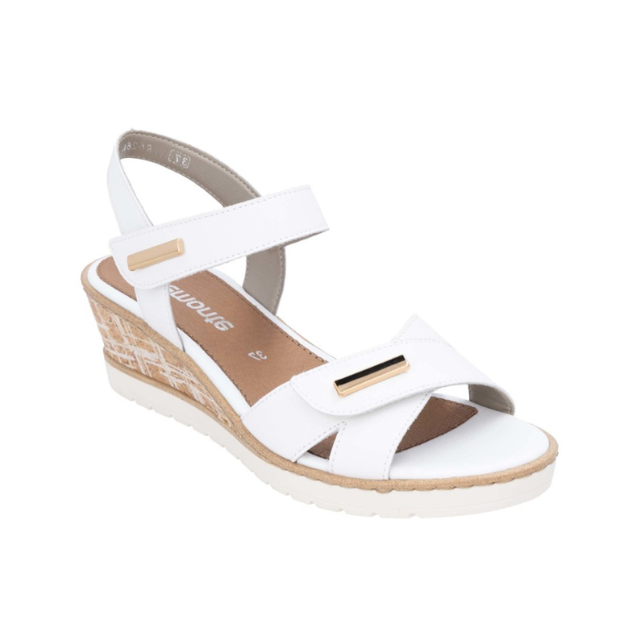 White backstrap sandal with gold bar details, tan Remonte logo'd footbed, white scratched faux cork midsole and white outsole.