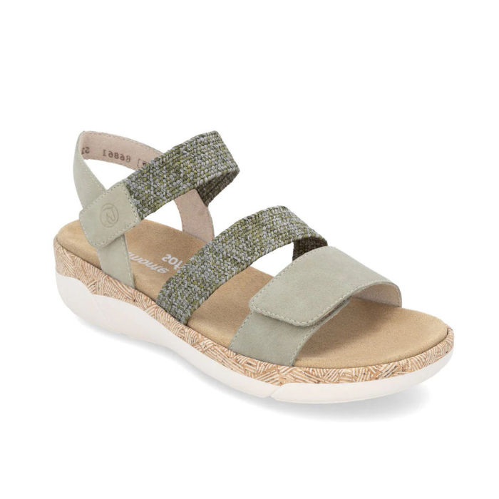 Women's Remonte R6861 Backstrap Sandal in sage green with adjustable Velcro straps and cushioned sole for summer comfort and support.