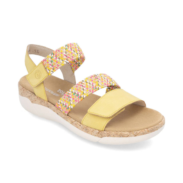 Women's Remonte R6861 Backstrap Sandal in yellow with multicolor straps, featuring shock-absorbing sole and adjustable fit for warm-weather wear.