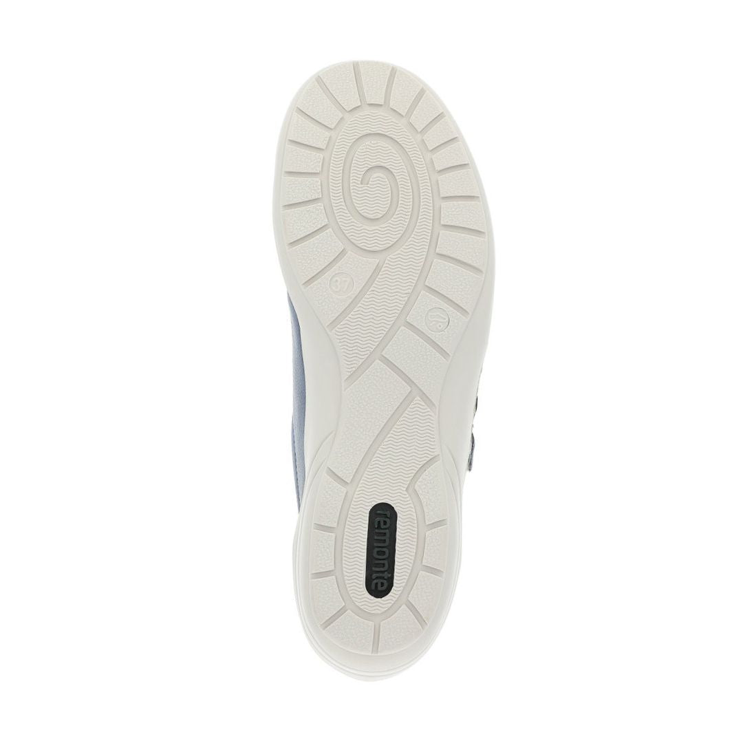 Bottom view of blue Women&#39;s Remonte R7600 Velcro Shoe featuring spiral-patterned sole for traction and flexibility.