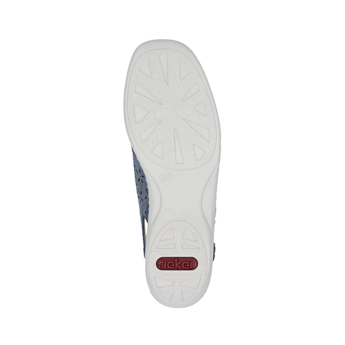 White light treaded outsole with red Rieker logo on heel.