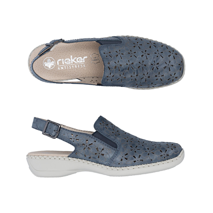 Pair of Blue slingback sandals with perforated design, buckle backstrap, tan Rieker logo'd footbed and white outsole. 