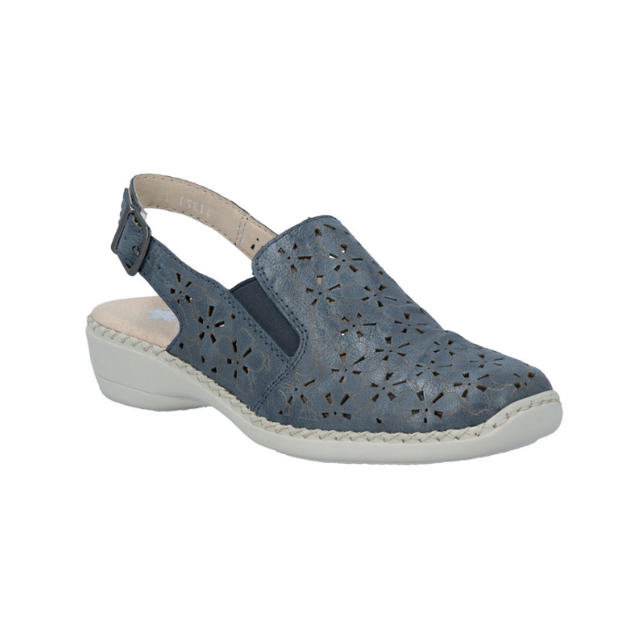Blue slingback sandal with perforated design, buckle backstrap and white outsole.