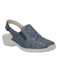 Blue slingback sandal with perforated design, buckle backstrap and white outsole.