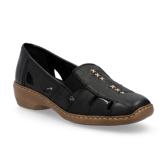 Women's Rieker 41385 leather loafer in black with beige stitching and cutout details, perfect for flexible casual wear.