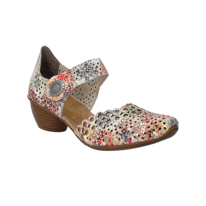 Multi colored heeled open sided Mary-Jane with Velcro ankle strap, floral pattern, decorative perforations and a low stacked heel.