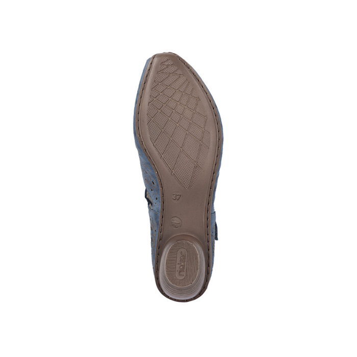 Brown outsole of heeled shoe with light tread and Rieker logo on heel.