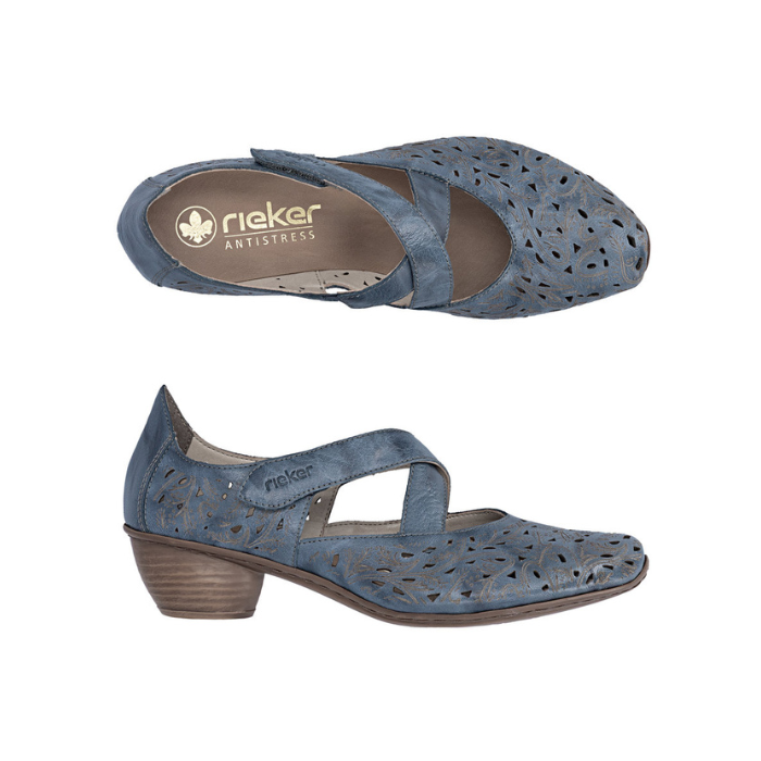 Pair of Blue floral perforated Mary Jane heeled shoes with criss-cross straps, Rieker logo'd footbed and low stacked heel.