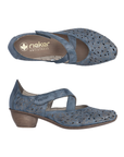 Pair of Blue floral perforated Mary Jane heeled shoes with criss-cross straps, Rieker logo'd footbed and low stacked heel.