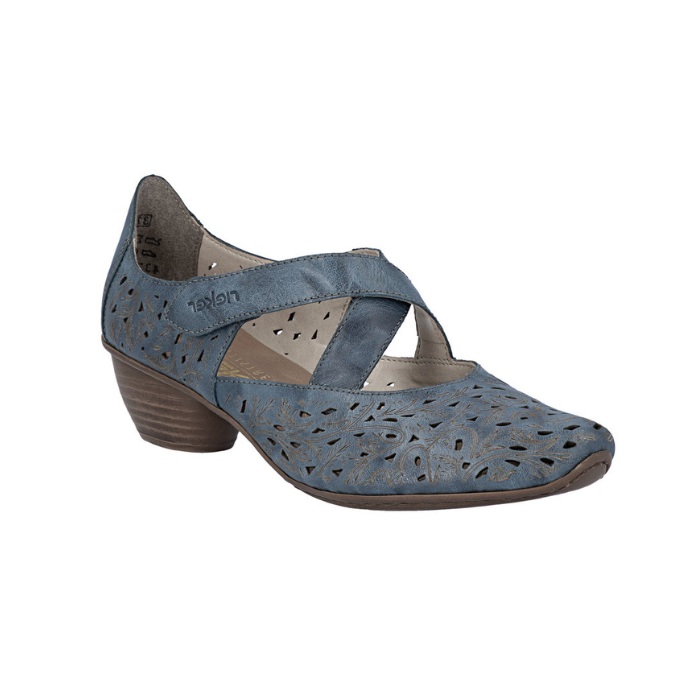 Blue floral perforated Mary Jane heeled shoe with criss-cross straps and low stacked heel.