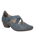 Blue floral perforated Mary Jane heeled shoe with criss-cross straps and low stacked heel.