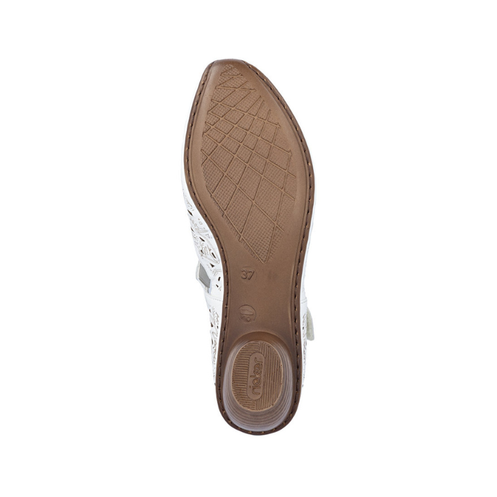 Brown light treaded outsole of heeled shoe with Rieker logo on heel.