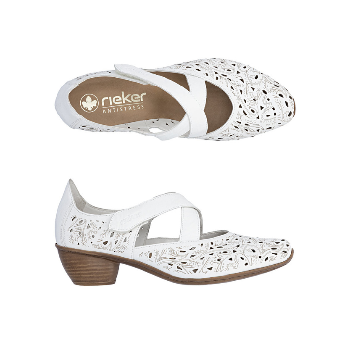 White floral accented perforated Mary-Jane heeled shoe with criss-cross straps, Rieker logo'd footbed and low stacked heel.