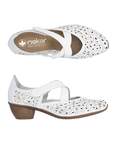 White floral accented perforated Mary Jane heeled shoe with criss-cross straps, Rieker logo'd footbed and low stacked heel.