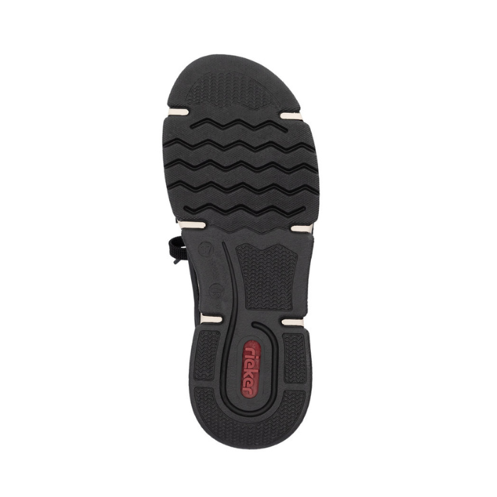 Black wave treaded outsole with red Reiker logo on heel.