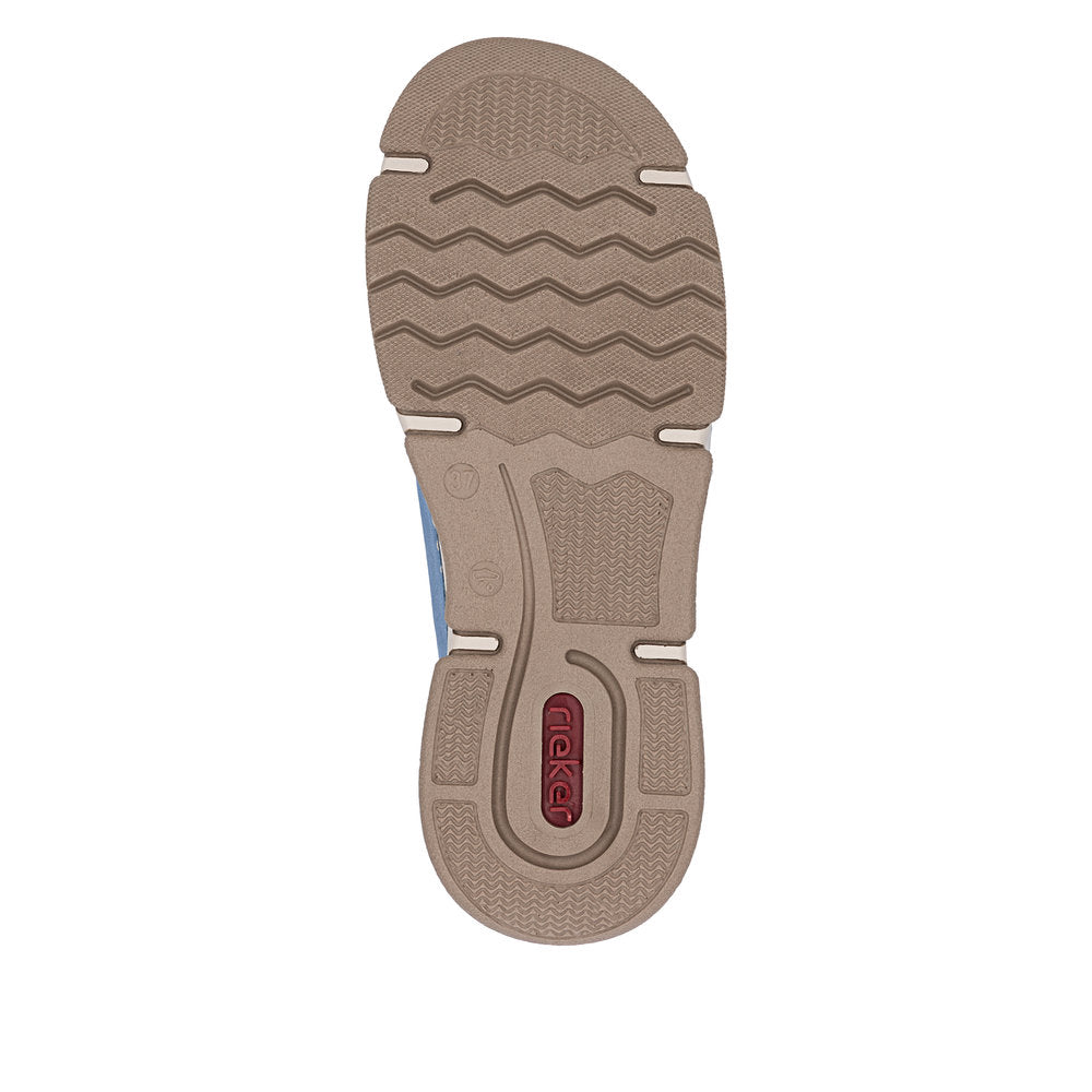 Beige wave treaded outsole with red Reiker logo on heel.