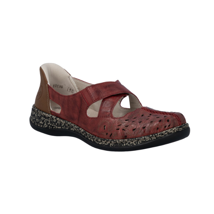 Red Mary-Jane with crisscross straps, brown heel cap, floral details around perforations and a marbled black/tan midsole.