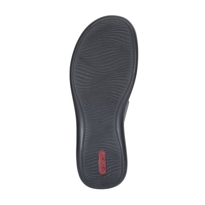 Black wave pattern tread on outsole with red Rieker logo on heel.