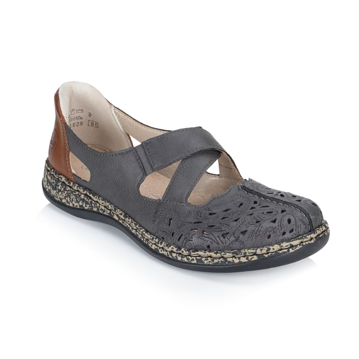 Grey Mary-Jane with crisscross straps, brown heel cap, floral details around perforations and a marbled black/tan midsole.