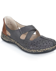 Grey Mary-Jane with crisscross straps, brown heel cap, floral details around perforations and a marbled black/tan midsole.
