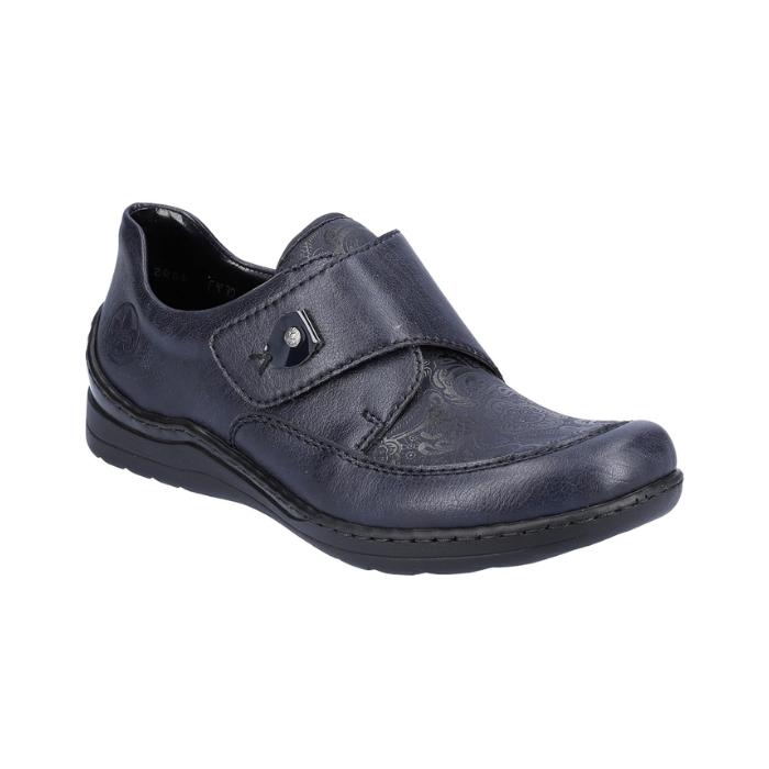Women's Rieker 48951 Velcro Shoe in navy with floral embossing, designed for lightweight support and easy slip-on wear.