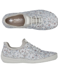 Pair of Grey sneakers with white elastic laces, pale floral pattern, tan Rieker logo'd footbed and grey outsole. 