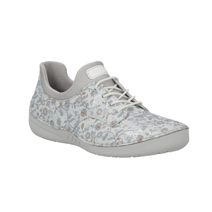 Grey sneaker with white elastic laces, pale floral pattern and grey outsole. 