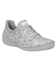 Grey sneaker with white elastic laces, pale floral pattern and grey outsole. 