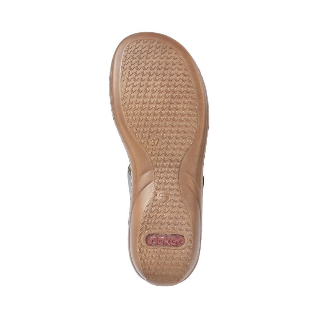 Bottom view of grey Rieker 60885 Slide Sandals with textured sole for slip resistance and all-day wearability.
