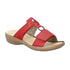 Red slide sandal with two Velcro straps, textured details and medallion accent, tan Rieker logo'd footbed and brown outsole.