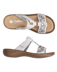 Pair of Slide Sandals in silver with decorative beading, Velcro strap, decorative ring medallion, tan Rieker logo'd footbed and brown outsole.