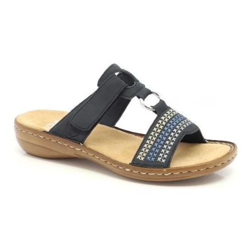 Navy straps with gold and blue stiched crosses across toe band and velcro loop closure with tan footbed