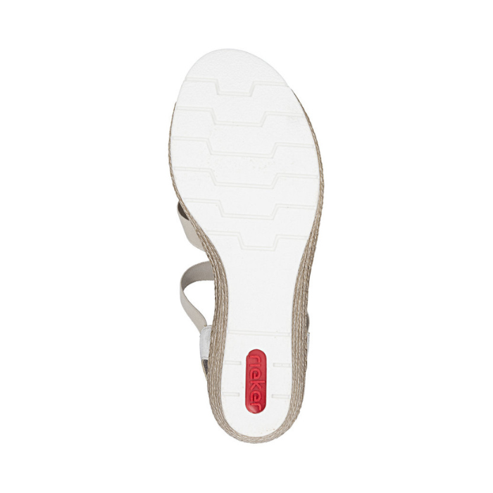 White light treaded outsole with red Rieker logo on heel.