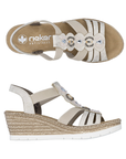 Pair of gold slingback strappy wedge sandals with decorative beaded straps, tan Rieker logo'd footbed, faux espadrille midsole and white outsole. 