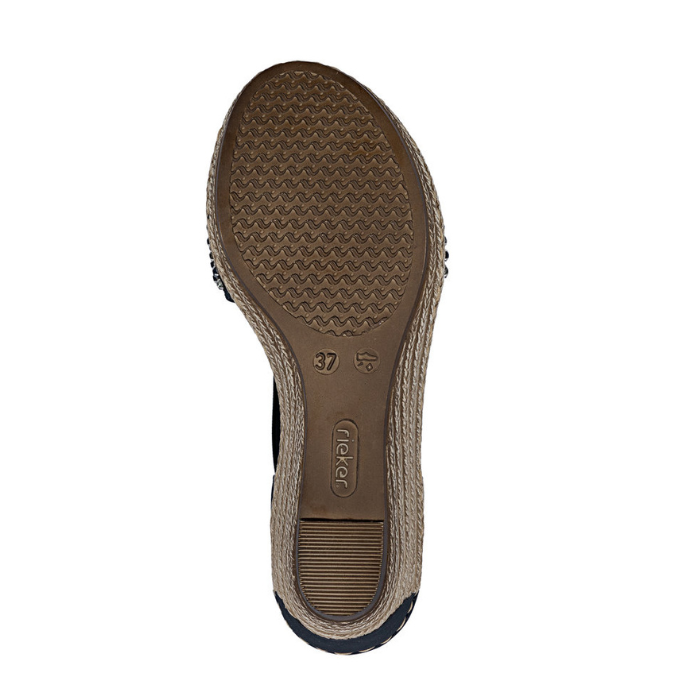 Brown light treaded outsole with Rieker logo and shoe size on heel.