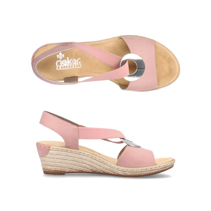 Pair of Pink slingback faux espadrille wedge sandals with elastic side straps, silver medallion, tan Rieker logo'd footbed and brown outsole.