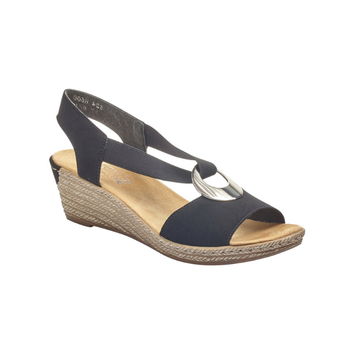 Black slingback faux espadrille wedge sandal with elastic side straps, silver medallion, tan Rieker logo'd footbed and brown outsole.