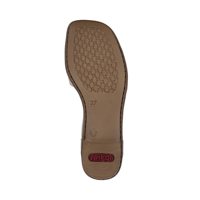 Brown light treaded outsole with red Rieker logo on block heel.