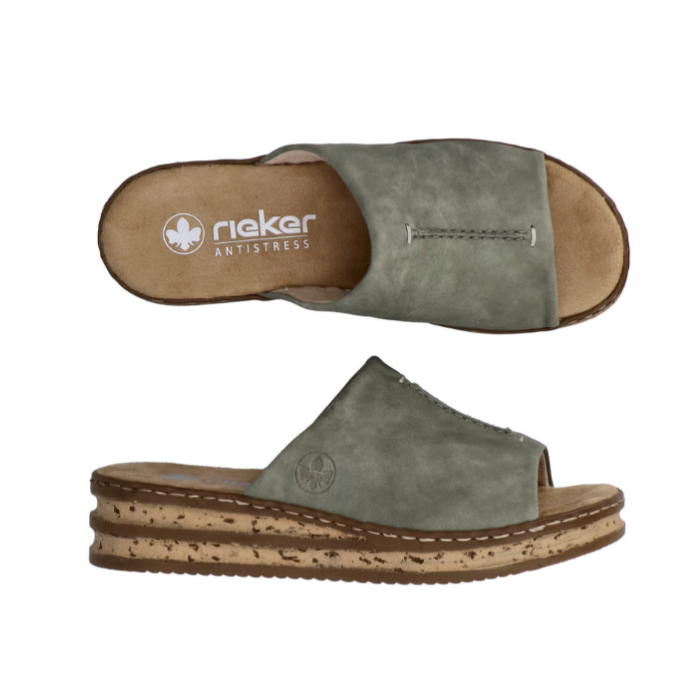 Pair of Green Slide Sandals with faux cork platform midsole, wide strap and tan Rieker logo'd footbed.