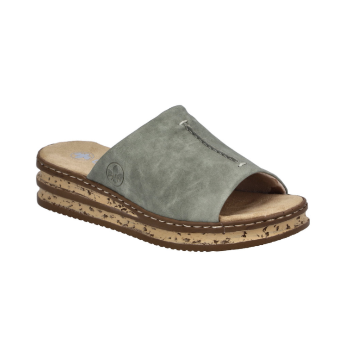Green Slide Sandal with faux cork platform midsole, wide strap and tan Rieker logo'd footbed.