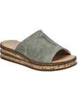 Green Slide Sandal with faux cork platform midsole, wide strap and tan Rieker logo'd footbed.