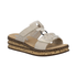 Beige slide sandal with decorative embellishments, faux cork midsole, and tan Rieker logo'd footbed.