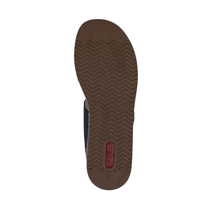 Brown wave patterned outsole with red Rieker logo on heel.