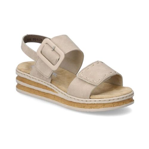 Beige Backstrap Sandal with a stylish buckle, two Velcro straps, tan Rieker logo'd footbed, faux cork layered midsole and beige outsole.